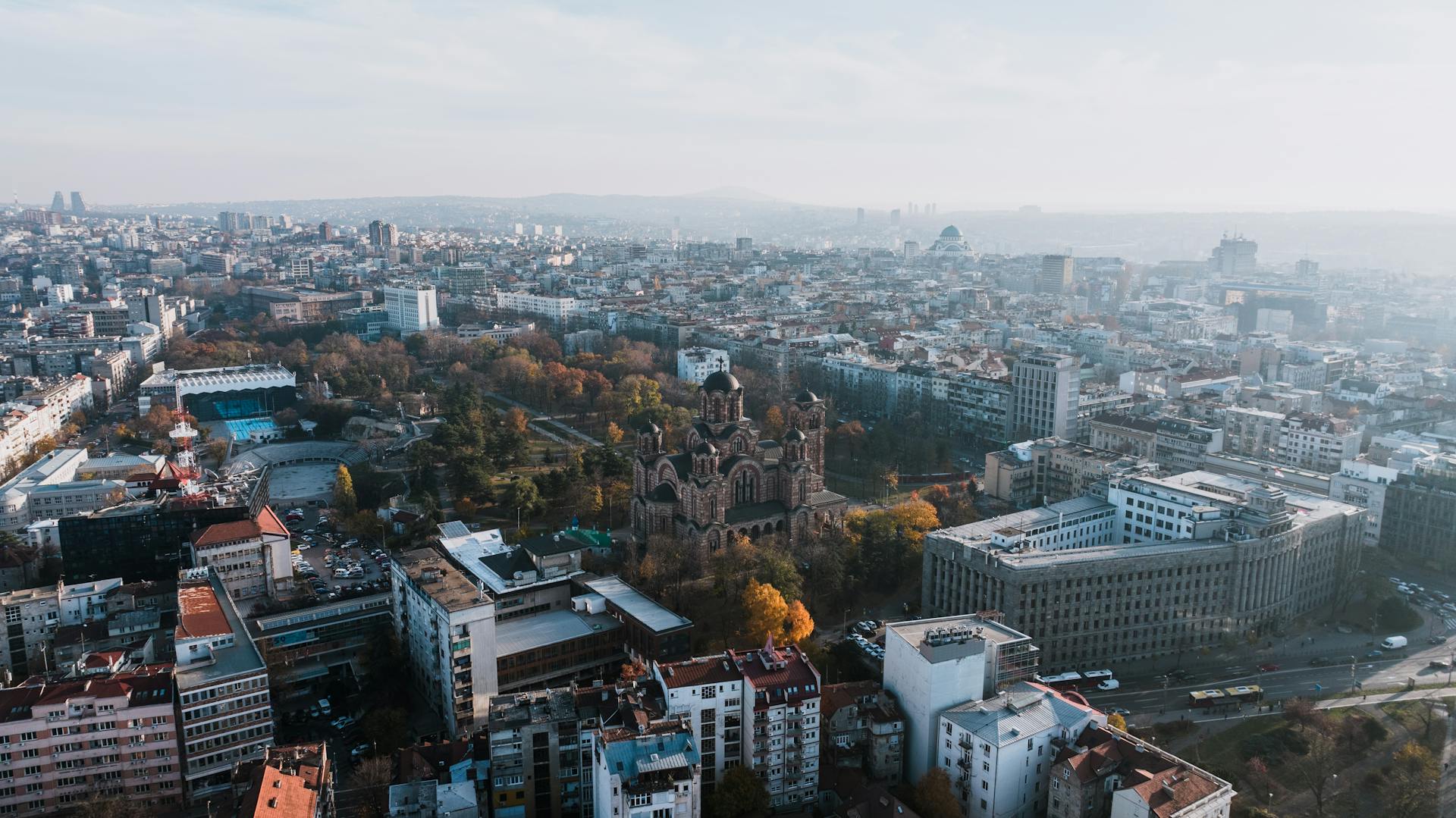 Belgrade cityscape with St Mark's Church